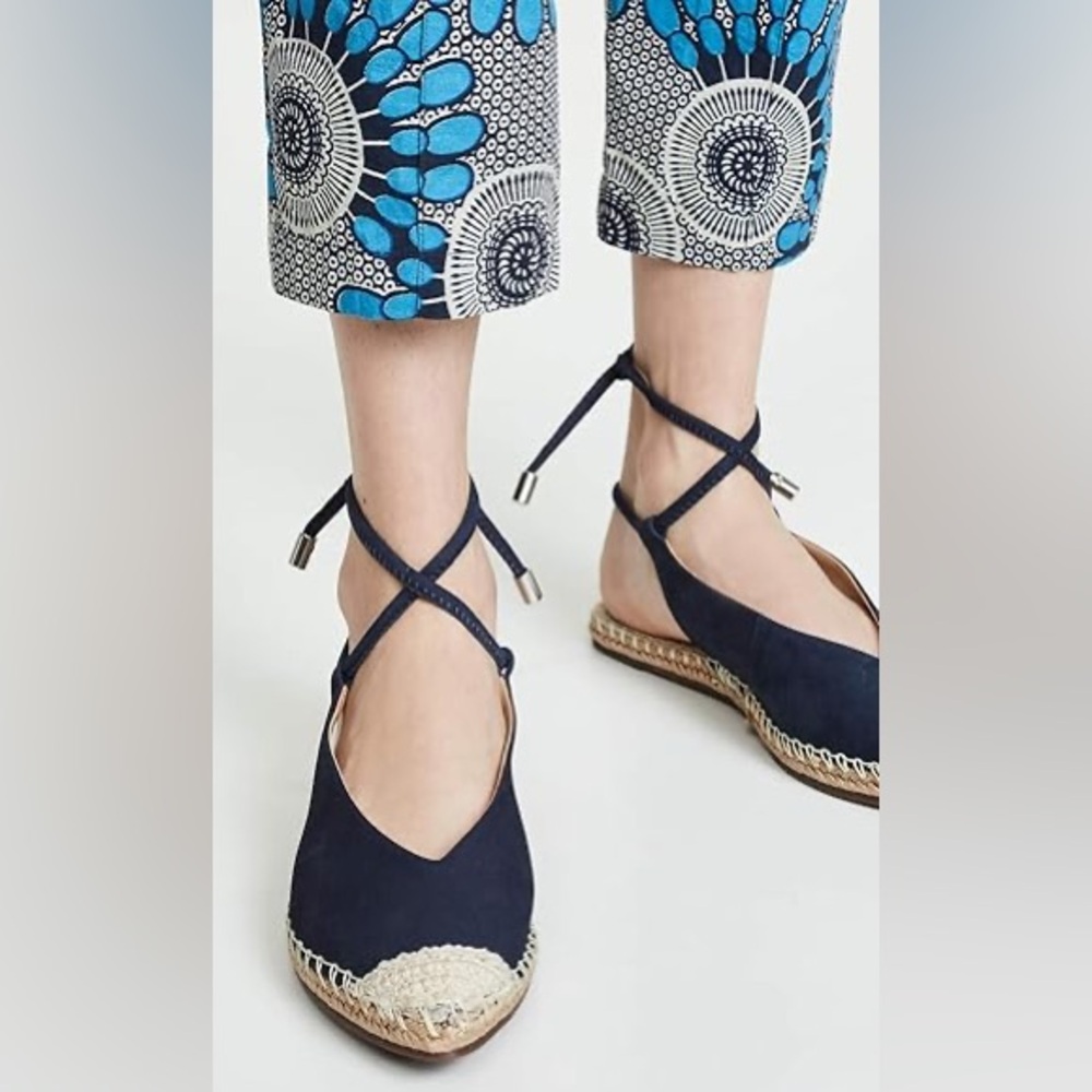 Schutz Laba Espadrille Flats 7‎ Navy Suede Ankle Wrap Coastal European Summer